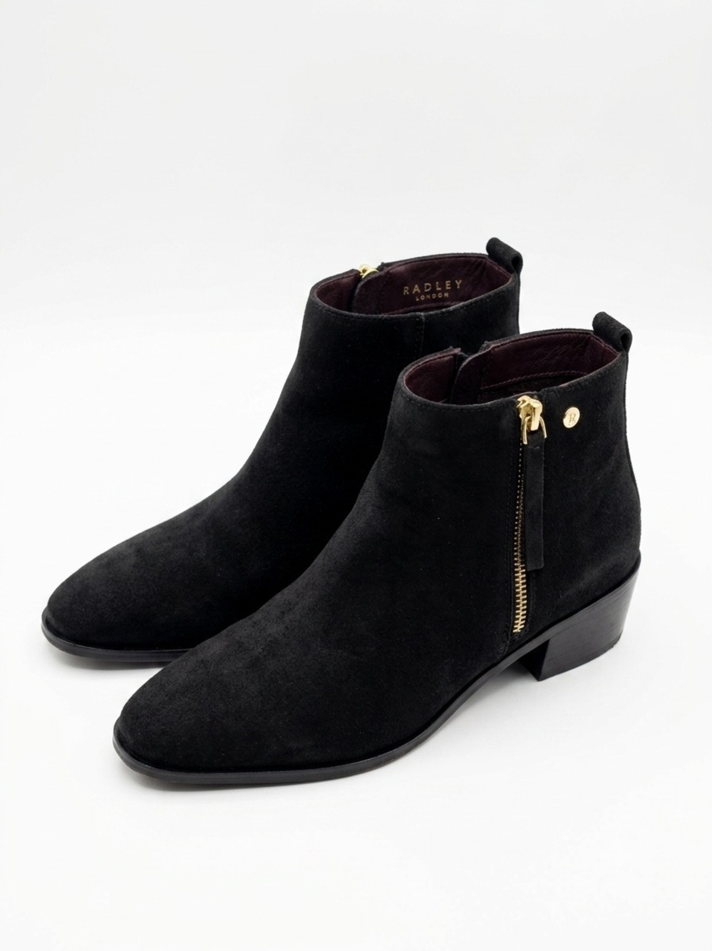 Radley London Black Suede Ankle Boots Women’s Size 7 Low Block Heel Zip
